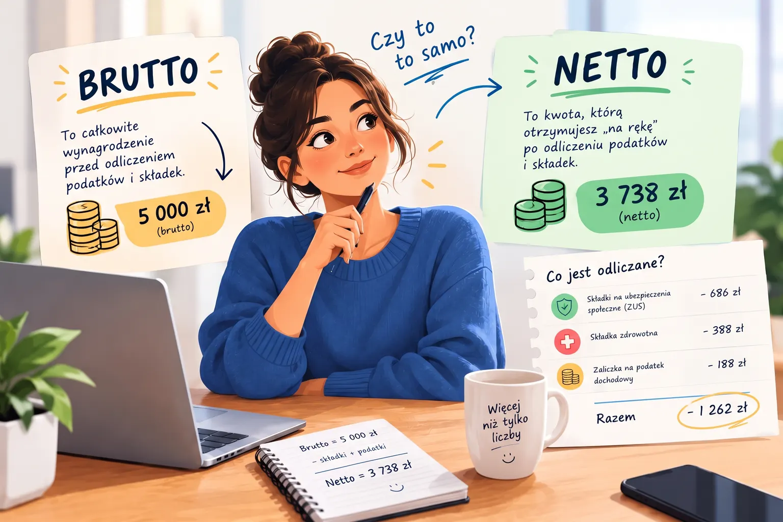 Kobieta w niebieskim swetrze siedzi przy biurku z laptopem i zastanawia się, czy brutto i netto to to samo. Po lewej kartka „Brutto” z kwotą 5000 zł: całkowite wynagrodzenie przed odliczeniem podatków i składek. Po prawej kartka „Netto” z kwotą 3738 zł: to, co otrzymujesz na rękę. Niżej lista „Co jest odliczane?”: składki na ubezpieczenia społeczne 686 zł, składka zdrowotna 388 zł i zaliczka na podatek dochodowy 188 zł, razem 1262 zł.