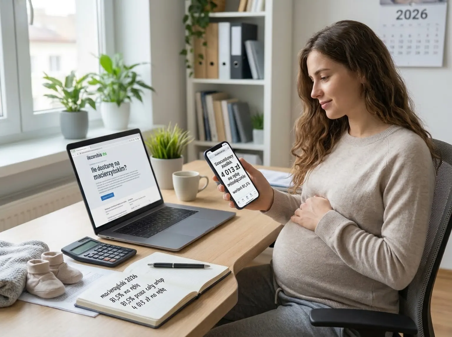 Uśmiechnięta kobieta w ciąży siedzi przy biurku i patrzy na telefon z szacunkowym zasiłkiem 4013 zł na rękę miesięcznie w wariancie 81,5%. Obok laptop z artykułem ilezarobie.eu „Ile dostanę na macierzyńskim?”, kalkulator, zeszyt z notatkami, dziecięce buciki i kalendarz na 2026 rok.