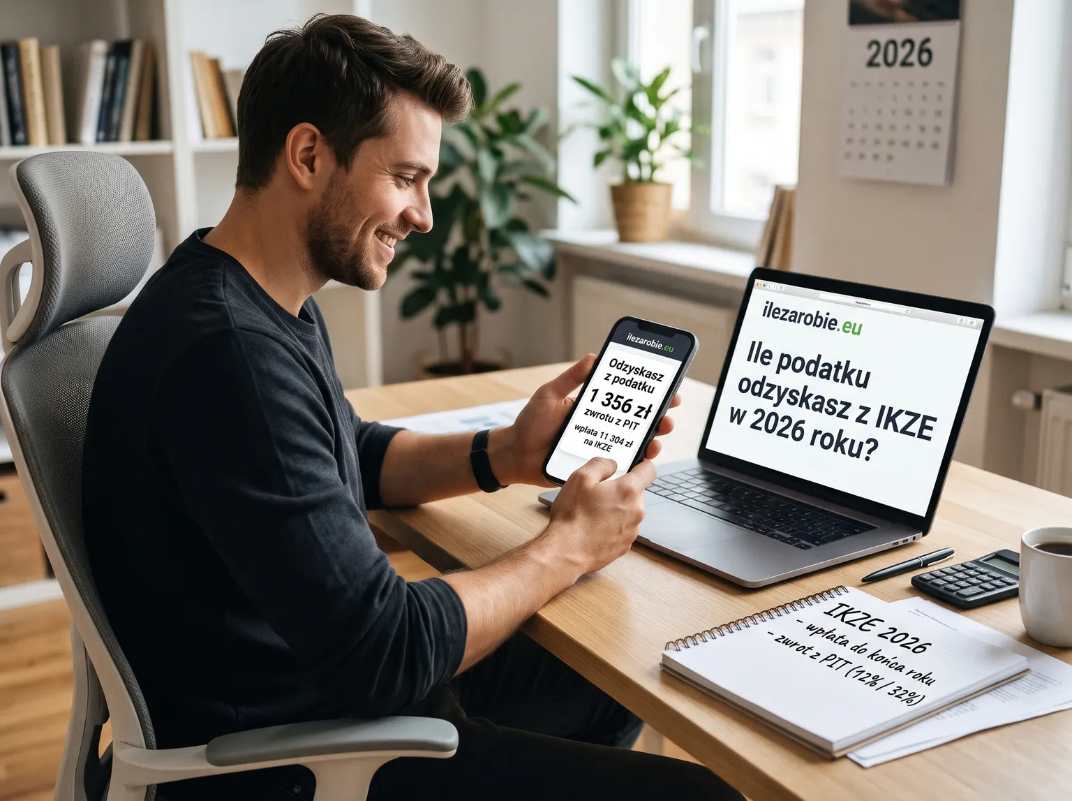 Uśmiechnięty mężczyzna przy biurku patrzy na telefon z wynikiem 1356 zł zwrotu z PIT przy wpłacie 11 304 zł na IKZE. Obok laptop z artykułem ilezarobie.eu „Ile podatku odzyskasz z IKZE w 2026 roku?”, notes z dopiskiem o wpłacie do końca roku i zwrocie 12% albo 32%, kalkulator i kalendarz na 2026 rok.