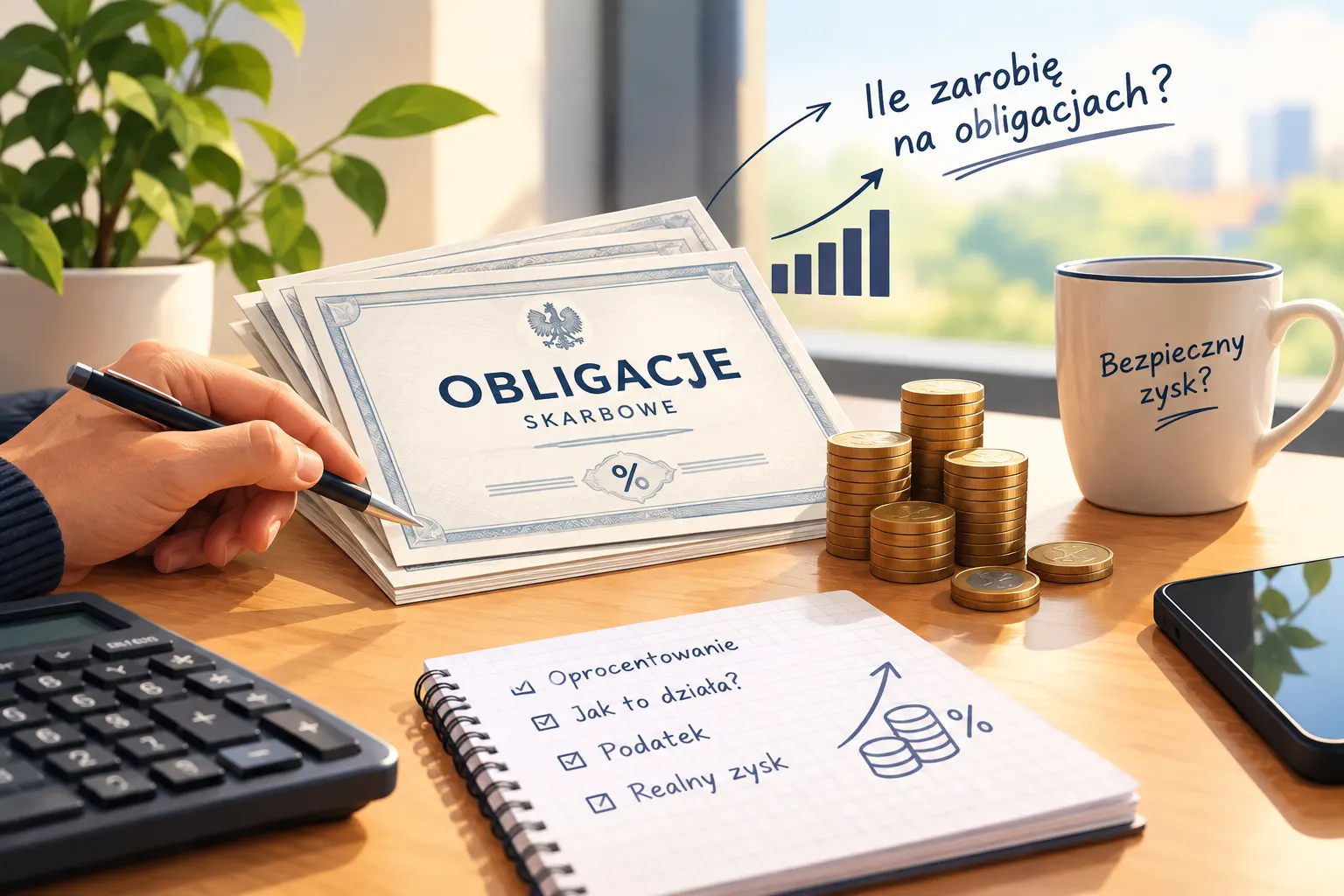 Na biurku leży plik dokumentów z napisem „Obligacje skarbowe”, obok stosy monet, kalkulator i kubek z pytaniem „Bezpieczny zysk?”. Dłoń trzyma długopis, a w notesie jest lista: oprocentowanie, jak to działa, podatek, realny zysk. Nad dokumentami napis „Ile zarobię na obligacjach?” i rosnące słupki.