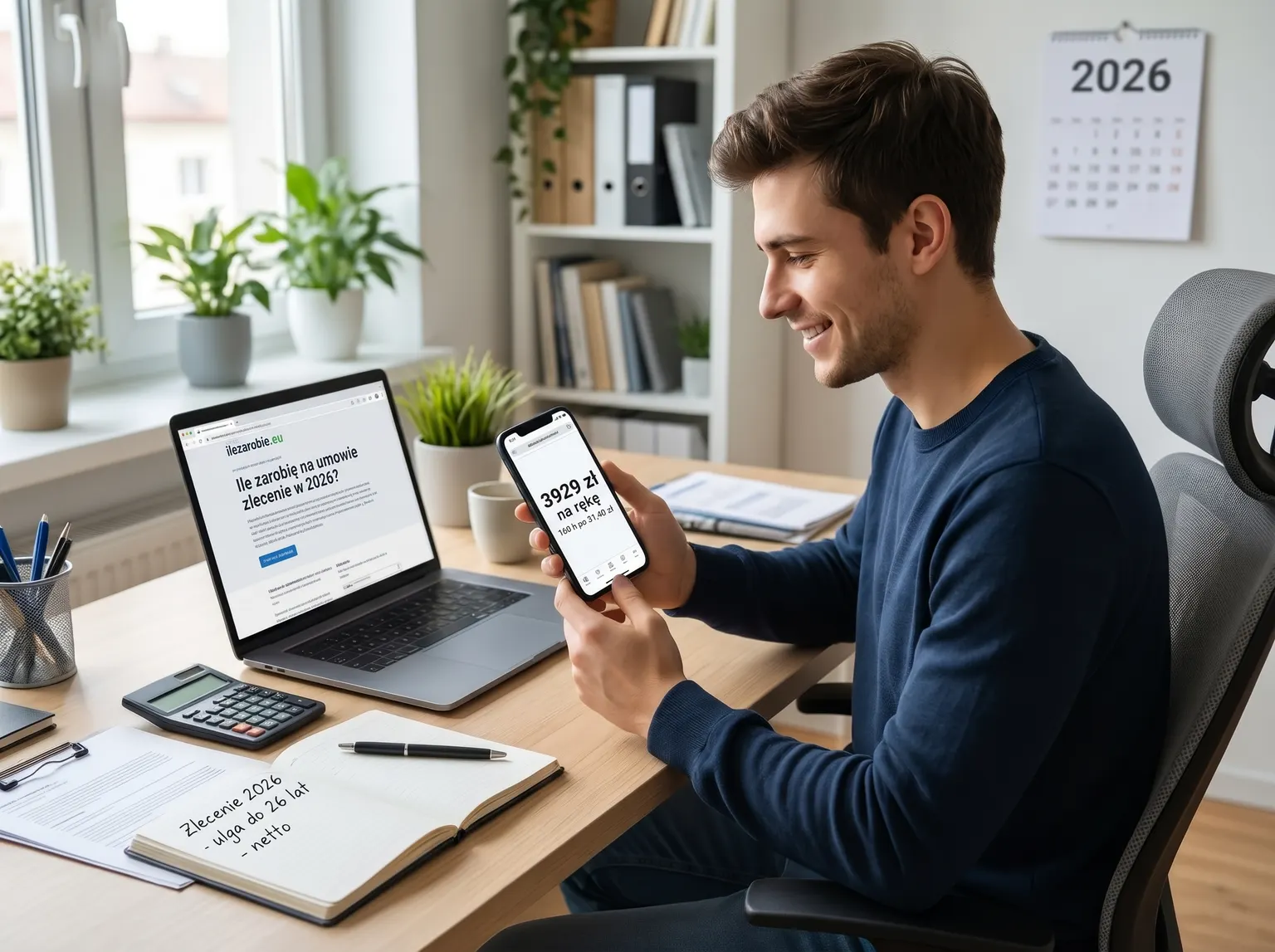 Uśmiechnięty mężczyzna przy biurku patrzy na telefon z wynikiem 3929 zł na rękę za 160 godzin po 31,40 zł. Obok laptop z artykułem ilezarobie.eu „Ile zarobię na umowie zlecenie w 2026?”, kalkulator, zeszyt z notatką o uldze do 26 lat i kalendarz na 2026 rok.