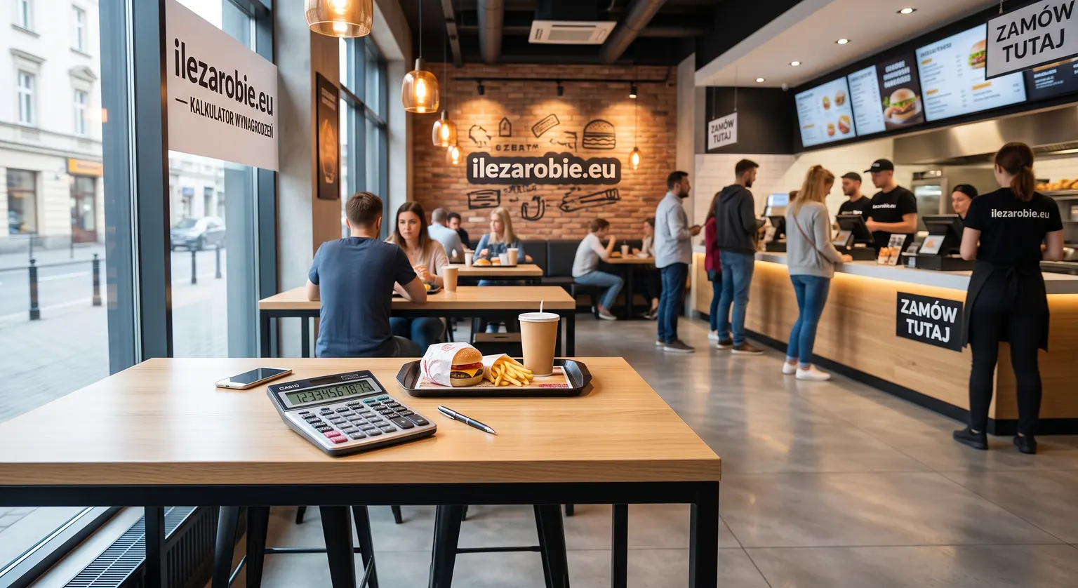 Wnętrze restauracji szybkiej obsługi. Na pierwszym planie stolik z kalkulatorem, telefonem, długopisem i tacą z burgerem, frytkami i kubkiem. W głębi goście przy stolikach i kolejka do lady z napisem „Zamów tutaj”, za którą stoją pracownicy w czarnych koszulkach. Na ścianie i na szyldzie przy oknie napis „ilezarobie.eu - kalkulator wynagrodzeń”.