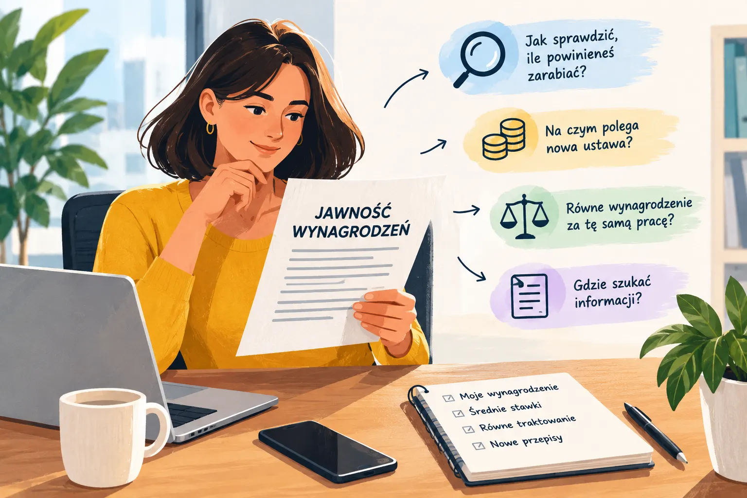 Kobieta przy biurku z laptopem czyta kartkę z nagłówkiem „Jawność wynagrodzeń”. Obok cztery pytania: jak sprawdzić, ile powinieneś zarabiać, na czym polega nowa ustawa, równe wynagrodzenie za tę samą pracę i gdzie szukać informacji. Na biurku notes z listą: moje wynagrodzenie, średnie stawki, równe traktowanie, nowe przepisy.