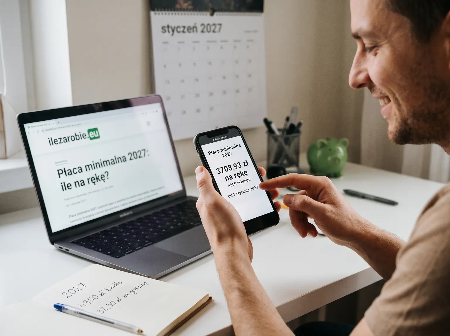 Uśmiechnięty mężczyzna przy biurku patrzy na telefon z wynikiem 3703,93 zł na rękę przy płacy minimalnej 4950 zł brutto od 1 stycznia 2027. Obok laptop z artykułem ilezarobie.eu „Płaca minimalna 2027: ile na rękę?”, notes z dopiskiem 4950 zł brutto i 32,30 zł za godzinę oraz kalendarz na styczeń 2027.